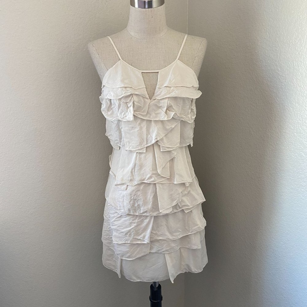 BCBGMAXAZRIA Tiered Mini Silk Dress Front Cutout Ivory Color Sz 2